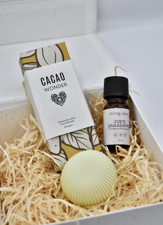 Cadeaupakket ceremonail cacao Bali x Living Skin – Ontspan & Herstel